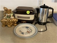 TEA KETTLE, ELECTRIC SKILLET, PLATE, BRONZE PIECE