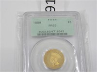 1889 $3 Gold Coin, Graded PR 63  ***Tax Exempt***