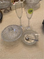 COVERED DISH, TWO SPOONS, GLASSES, MISC