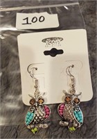 Multicolored/Silver Owl Earrings