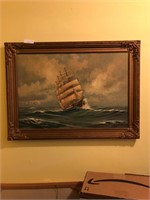 Antique Ship Oil on Canvas Painting