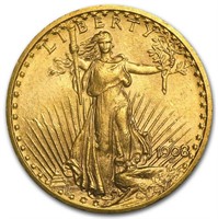 1908 D No Motto $20 Gold Saint Gaudens