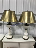 Pair of white table lamps w/ gold shades, 31"T