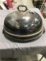 Large silver serving tray w/ dome lid