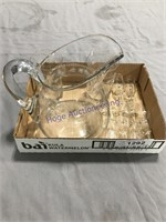 Etched glass pitcher w/ small stemmed glasses,
