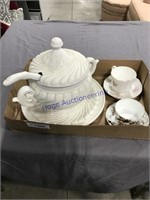 Soup tureen w/ platter and ladle, cups and saucers