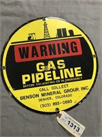 Warning Gas Pipeline metal sign, 11" across