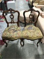 Pair of wood-carved chairs w/needlepoint seats