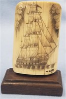 Scrimshaw by Michael Scott of sailing vessel on ma