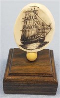 Scrimshaw of a sailing vessel by Michael Scott on