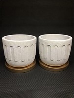 2 White Concrete Planters With Gold Trays