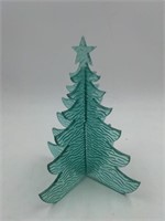 Water-jet-cut green glass Christmas tree.