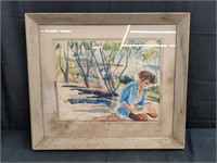 Signed watercolor painting of a woman at a park