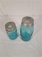 2 blue Ball jars, Presto bow tie aluminum lids.