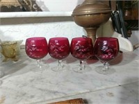 4 Cranberry Etched Cordials
