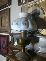 Antique Glass Shaded Converted Oil Lamp
