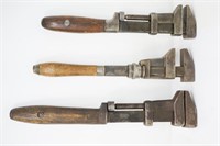 3 Wood handled monkey wrenches (similar sized)