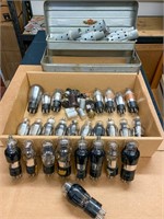 Lot of radio tubes in metal tool box. (untested)
