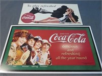 (2) Coca Cola Signs Metal and Cardboard 17.5x9.5