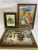 Three pieces religious motif framed artwork