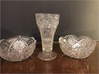 2 Crystal Cut Glass Bowls & Cut Glass Vase