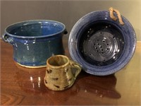 3pcs Pottery Handmade Strainer, Handled Pot, & Mug