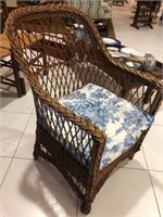 Vintage Wicker Chair w/ Bl&Wh Toile Cushion