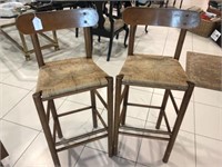 Pair of VIntage Wooden Rush Seat Bar Stools