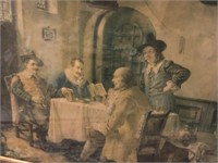 Antique Framed Print Gentlemen Gathered Table