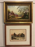 2 Framed Signed 'Barn' Painting/Drawing