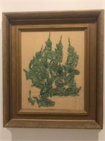 Original Asian Wood Block Ink Gilt Frame