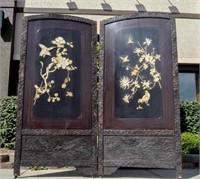 Rare Asian Hand Carved Dbl Panel Floor Screen