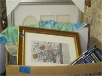 Box of Framed Artwork & Misc Household