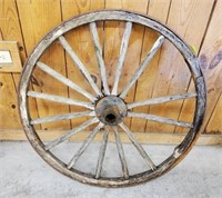 WOODEN WAGON WHEEL W/ HUB, METAL BAND