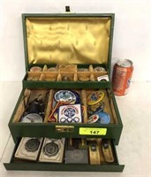 JEWELRY BOX W/ ASSORTED WOODEN COINS, PINS,