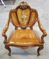 CARVED MAHOGANY, MOTHER OF PEARL INLAID CHAIR