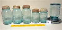 (3) Quart Size Blue Mason Jars, (2) Pints Size