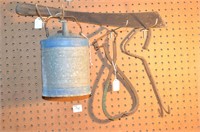 4 pcs. - Small Galvanized Fuel Can, a Hay Hook,