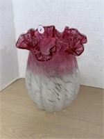Cranberry And White Fluted Edge Vase