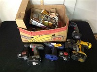 Box of hardware, electric drills (as is) and misc.