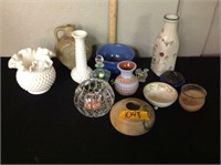 Flat of pottery, milk glass vases, clear glass