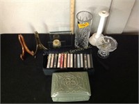 Picture holders, glass decorative box, candle