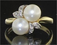 10kt Gold Double Pearl & Diamond Ring