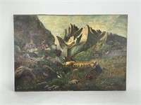 European Hunting Scene Oil on Canvas Painting