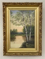 Oil on Canvas Painting w/ White Birches & Pond