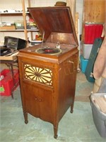 Oak Silvertone Phonograph. Playing. 43"T x 21