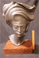 Metal Head Art Sculpture w/ Wood Base - Signed