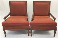 Pair Upholstered Chairs, Wood Arms