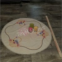 (3) Candles, Round Table Cloth and Dollie