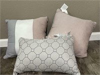 (3) Pink, White and Grey Decorative Pillows